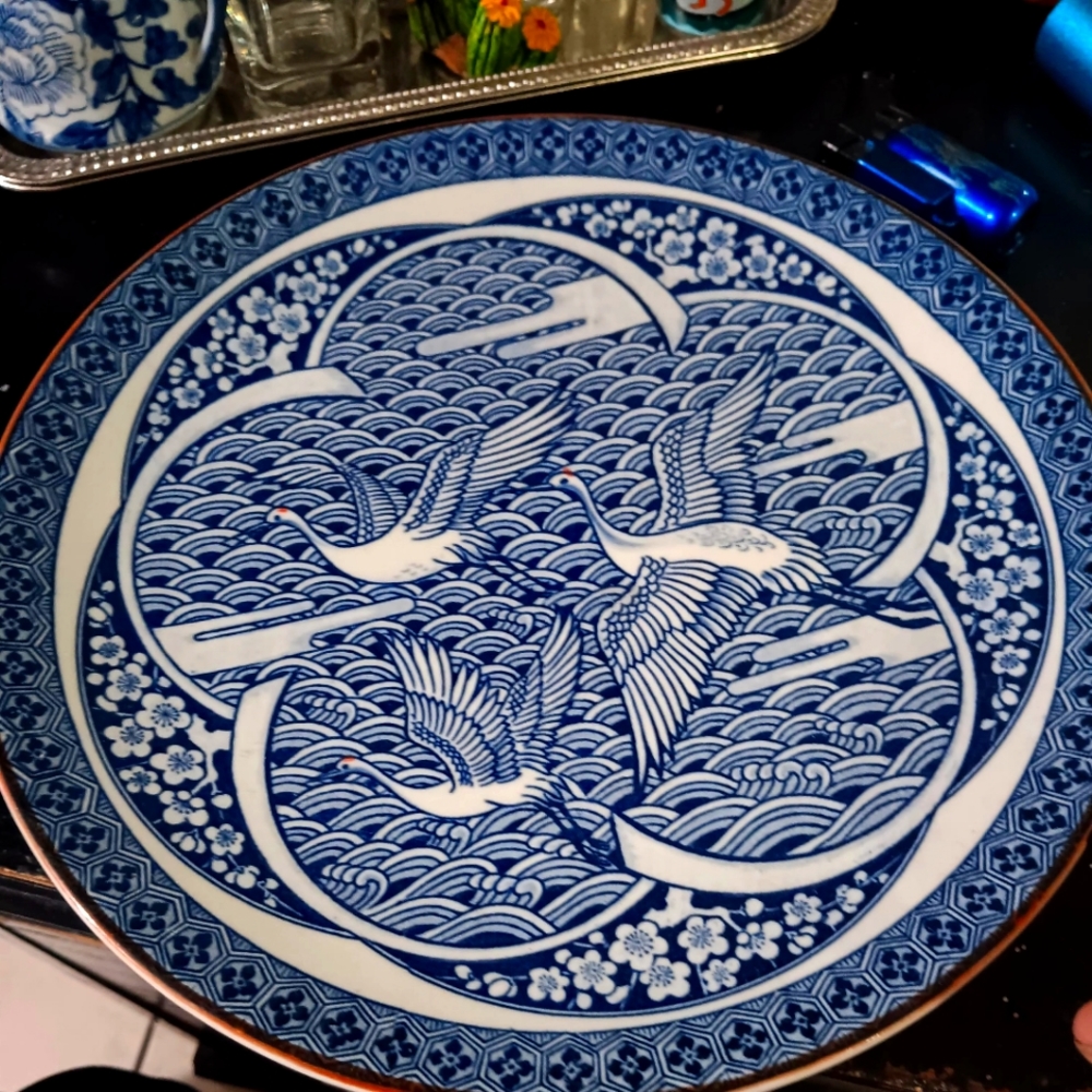 Japanese Porcelain 10.5" Diameter Tsuru Crane & Blue Wave Serving Plate signed